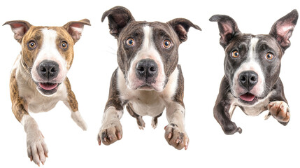 Fototapeta premium Funny amstaff dog with crazy eyes flying in the air, cutout isolated white background
