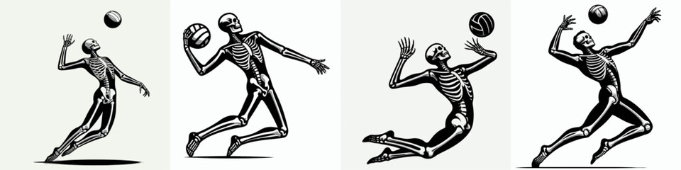 Fototapeta premium Skeleton as Volleyball Player Spiking. Skeletal sport clipart silhouette vector illustration. Bony figure in court activity leaping to propel sphere with force.