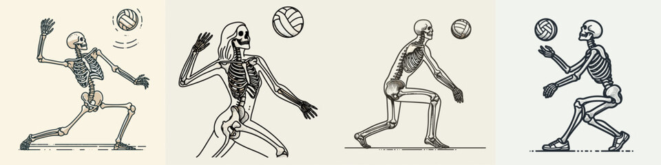 Skeleton as Volleyball Player Setting Ball. Skeletal sport clipart silhouette vector illustration. Bony athlete in net positioning orb bone structure action.