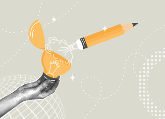 Trendy halftone collage. Creative idea generation concept using a pencil and a light bulb. Concept of new idea generation, invention, inspiration,genius idea, content writing.