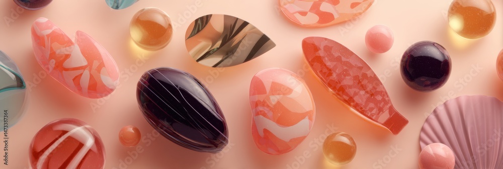 Aufkleber Floating Seafood Shapes With Geometric Design Create a Stunning Visual on a Soft Background in a Creative Display of Colors and Forms
