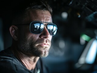 Fototapeta premium Close-up of a man in aviator sunglasses inside a cockpit.