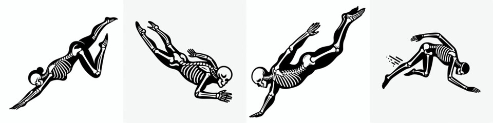 Fototapeta premium Skeleton as Swimmer Diving. Skeletal sport clipart silhouette vector illustration. Bony form doing aquatic plunge figure in deep water immersion.