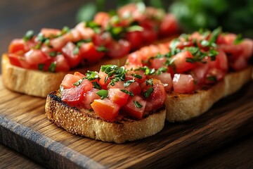 Freshly prepared italian bruschetta garnished with fresh herbs on a rustic wooden board