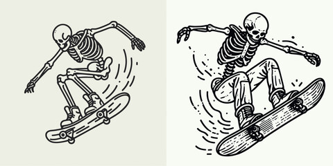 Skeleton as Snowboarder in Mid Flip. Skeletal sport clipart silhouette vector illustration. Bony figure airborne winter action trick maneuver on mountain powder.