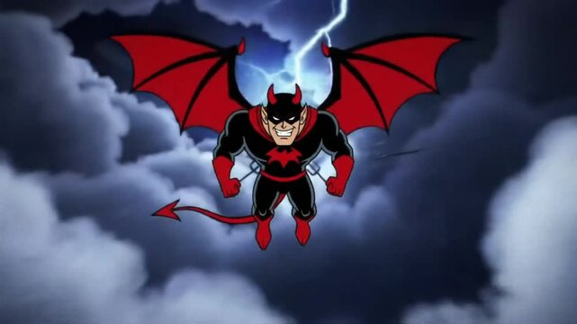 A superhero devil flying, dodging pitchfork missiles, through stormy clouds, fast tracking shots with tilt-up, stormy dusk, dramatic shadows and lightning flashes, superhero cartoon style