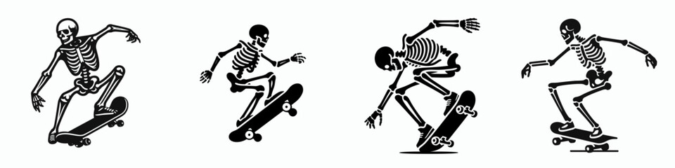 Skeleton as Skateboarder Balancing. Skeletal sport clipart silhouette vector illustration. Bony figure skateboarding an agile performer maintaining equilibrium trick riding.