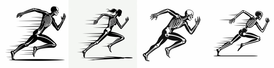 Skeleton as Runner Sprinting. Skeletal sport clipart silhouette vector illustration. Bony figure athletic dash form performing a quick race moving fast.