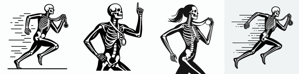 Skeleton as Runner Holding Medal. Skeletal sport clipart silhouette vector illustration. Bony figure sprints grasping award victory symbol macabre champion bone structure.