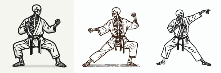 Skeleton as Martial Artist Doing Kata. Skeletal sport clipart silhouette vector illustration. Bony combatant performing a choreographed combat drill anatomy in motion.