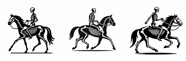 Skeleton as Horse Rider Holding Reins. Skeletal sport clipart silhouette vector illustration. Bony equestrian guiding mount with control rope undead steedman directing.