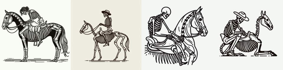 Skeleton as Horse Rider Fixing Saddle. Skeletal sport clipart silhouette vector illustration. Bony equestrian tuning tack spectral knight mounting equine adjusting gear.