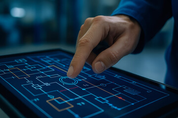 Hand interacts with digital blueprint on tablet displaying industrial power plant layout with detailed technical schematics and controls
