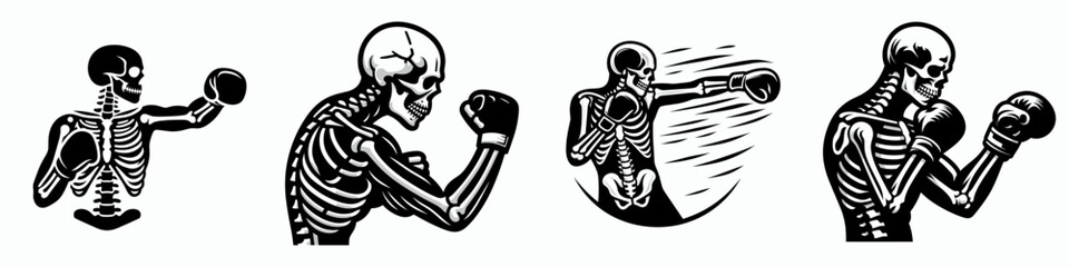 Skeleton as Boxer Punching. Skeletal sport clipart silhouette vector illustration. Bony pugilist delivering blow anatomy in active combat undead fighter motion.