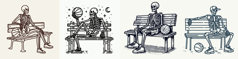 Skeleton as Basketball Player Sitting on Bench. Skeletal sport clipart silhouette vector illustration. Bony athlete having downtime at courtside enjoying a break hardwood timber.