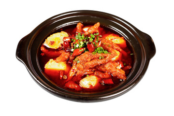 Chicken feet with potatoes served in casserole, Chinese Sichuan cuisine