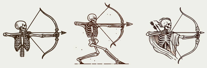 Skeleton as Archer Releasing Arrow. Skeletal sport clipart silhouette vector illustration. Bony bowman launching dart macabre archery concept for fantasy illustration.