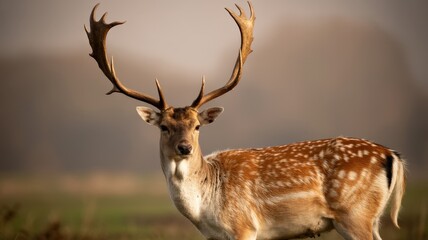 Fototapeta premium Majestic deer with impressive antlers stares intently on a foggy autumn day, portraiture style.