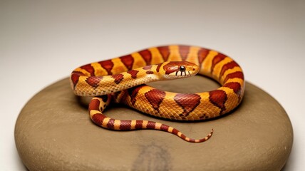Naklejka premium A coiled corn snake rests upon a smooth, earth-toned stone in front of a neutral background.