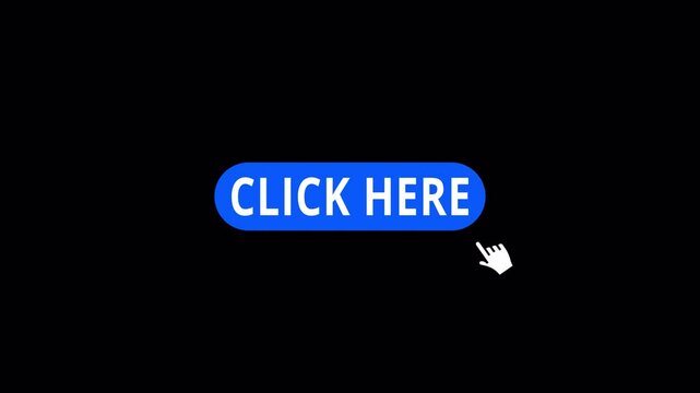 Click here button with cursor icon sign animation on black background, cursor pointing down click here button animated.