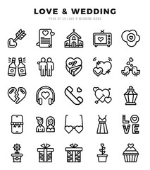Love & Wedding Icons Pack Lineal Style. Vector illustration.