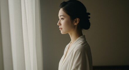 Serene Woman Contemplating by Window, Peaceful Moment, Soft Light, Minimalist Portrait