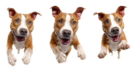 Funny amstaff dog with crazy eyes flying in the air, cutout isolated white background