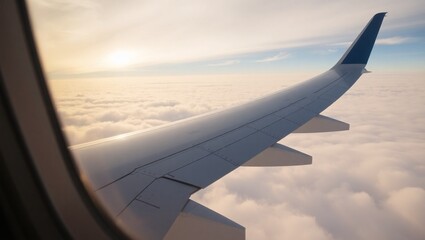 Obraz premium An aeroplane's wing and the vast blue sky filled with clouds are visible from the aeroplane window during flight, view from sky