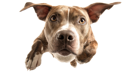 Funny amstaff dog with crazy eyes flying in the air, cutout isolated white background