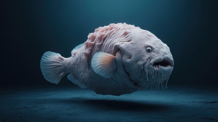 A surreal blobfish dwells in the dark, cold ocean depths with a haunting, yet curious expression.