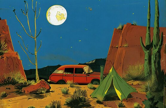 A stranded red SUV and a small tent stand out against the vast desert night, illuminated by the full moon and stars, with a lone tree in the distance. - Powered by Adobe
