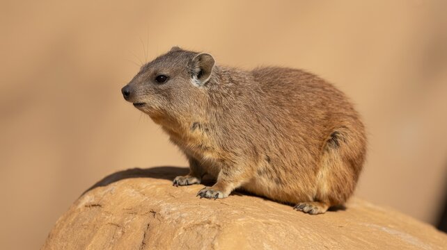 Rock hyrax perched atop a sandstone formation looks alert in warm, diffused lighting outdoors.