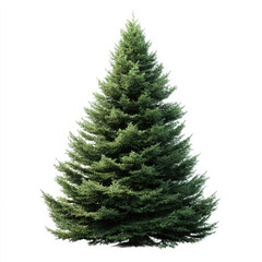 Fototapeta premium A tall, full evergreen tree with lush, green needles, perfectly symmetrical, isolated on a white background