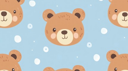 Fototapeta premium Cute bear heads pattern on light blue background with bubbles