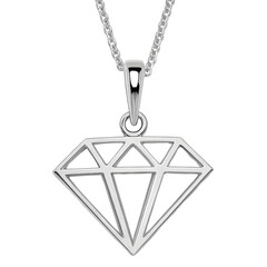 A silver diamond-shaped pendant on a delicate chain, showcasing intricate geometric designs.