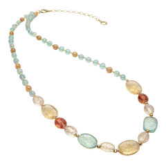 Obraz premium A colorful bead necklace featuring a variety of shapes and sizes in pastel shades, showcasing intricate designs and a delicate chain.