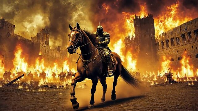 Dramatic Knight in Armor on Horseback Battling Flames in Fiery Medieval Battlefield of Chaos and Valor