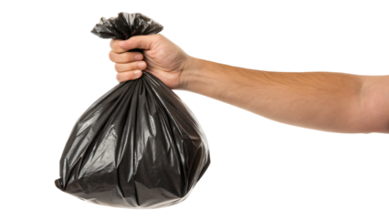 hand holding black garbage bag isolated on white