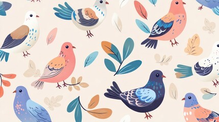Cute birds and leaves seamless pattern