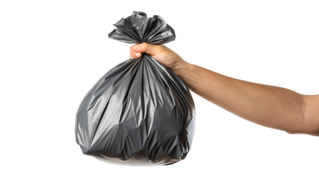 hand holding black garbage bag isolated on white