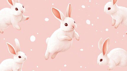 Obraz premium Cute white bunnies in a playful pattern on a soft pink background