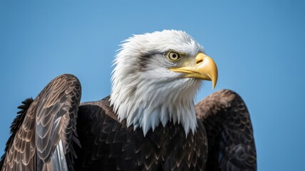 Obraz premium Majestic Bald Eagle portrait showcases its powerful gaze against a serene blue sky backdrop.