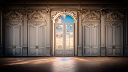 Obraz premium Elegant Room with French Doors Open to a Stunning Sunset View A Rainbow Light Beam Illuminates the Hardwood Floor