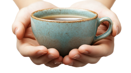 Closeup of hand holding mini coffee mug isolated on PNG white transparent background.