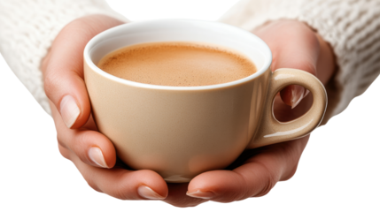 Closeup of hand holding mini coffee mug isolated on PNG white transparent background.