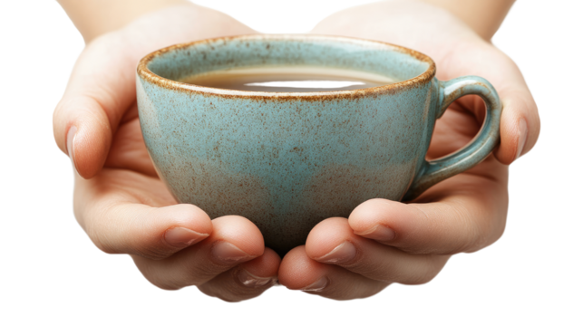 Closeup of hand holding mini coffee mug isolated on PNG white transparent background. - Powered by Adobe
