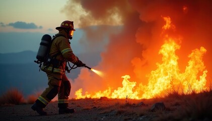 A firefighter bravely battling a large fire, smoke billowing in the background , structure fire, night, heat