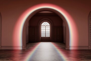 Fototapeta premium Rainbow Light Archway in Elegant Room Interior Design A magical scene with hardwood floor and large window