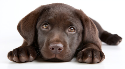 Adorable chocolate lab puppy lying down, gazing intently