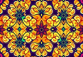 Intricate geometric oriental pattern in vibrant hues, perfect for textile design, geometric, colorful
